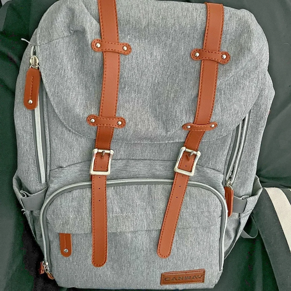 Canway Diaper Bag Backpack Gray Brown Leather Trim Travel Baby Bag Large Multi‎